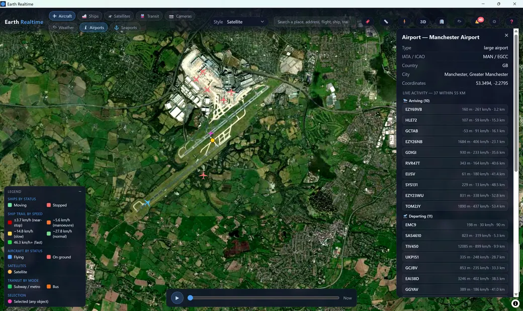 Manchester Airport panel listing live arriving and departing flights with distance and altitude