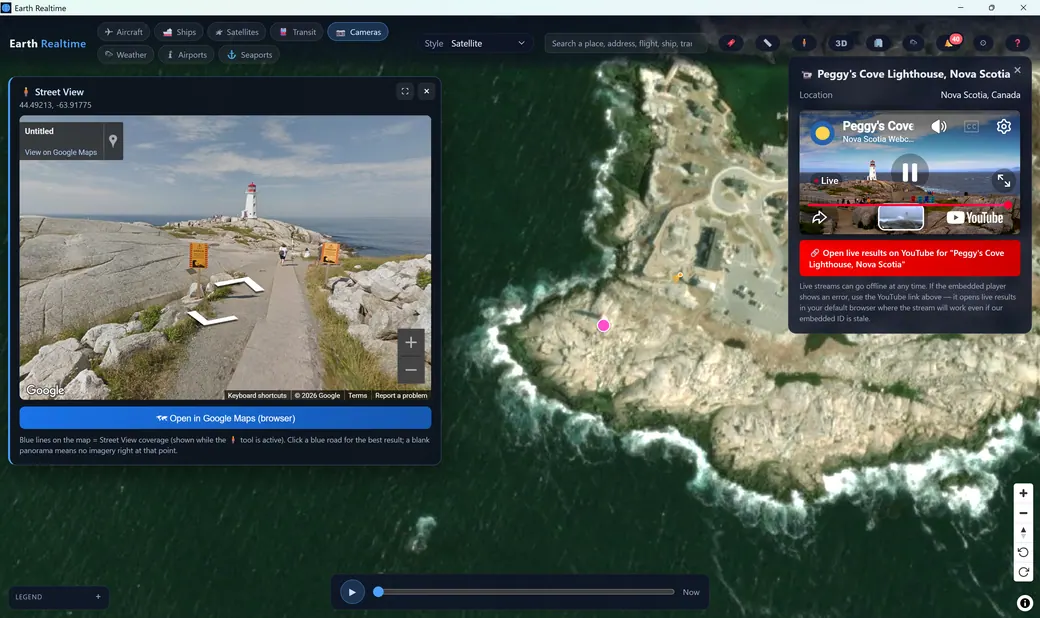 A live webcam of Peggy's Cove Lighthouse playing in a panel beside Street View