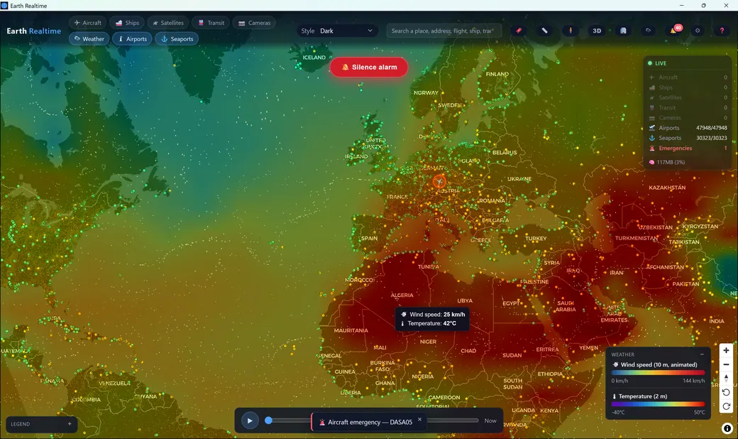 An aircraft emergency highlighted worldwide with a silence-alarm control over a temperature heatmap