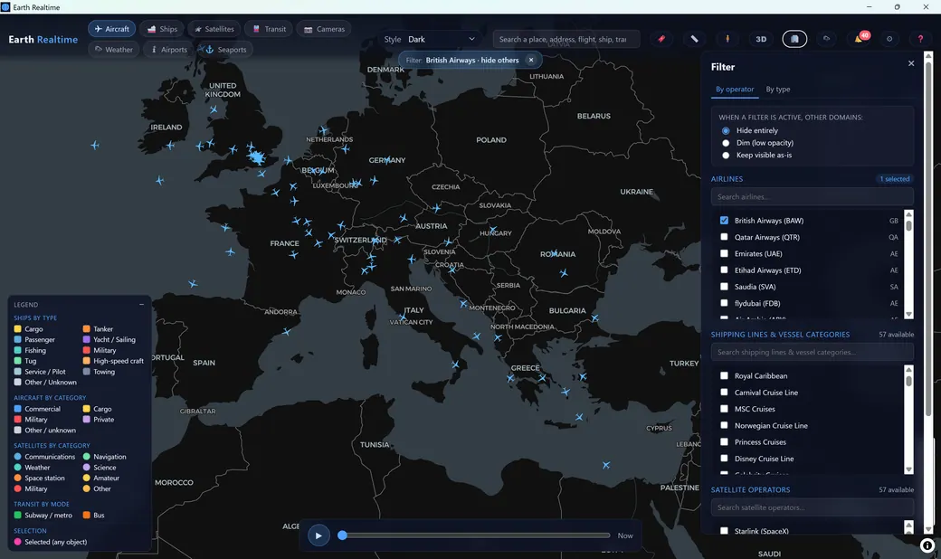 Operator filter showing only British Airways aircraft over Europe