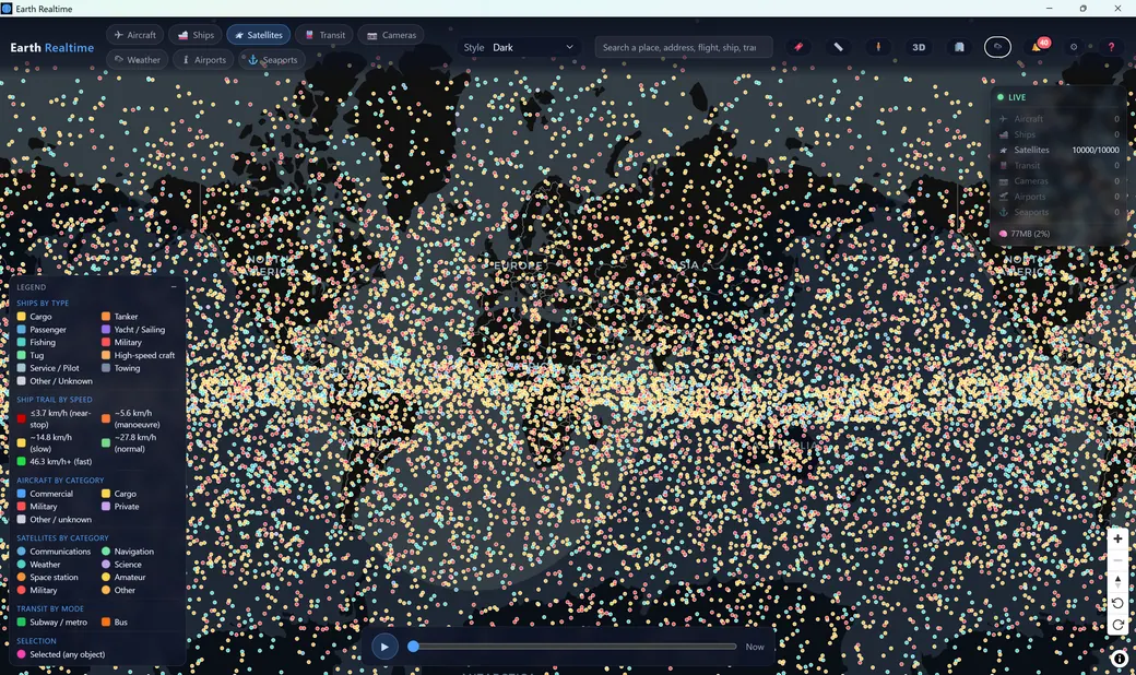 Ten thousand satellites colored by category forming orbital bands across the globe