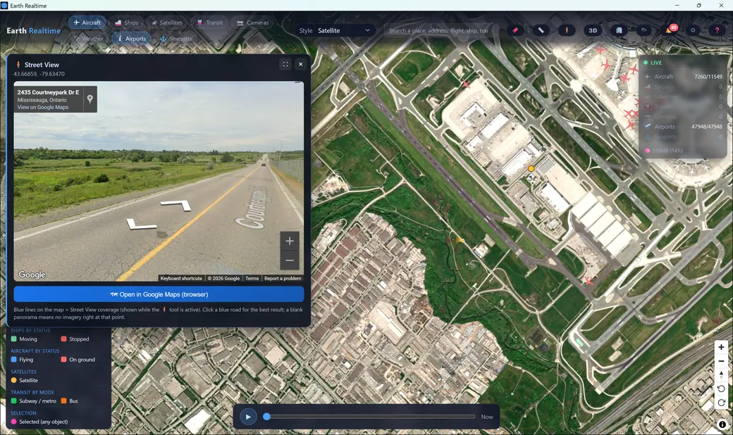 Google Street View panorama beside the map