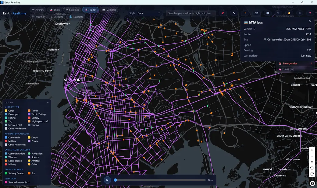 Live New York MTA buses and subways on the purple transit route network with a bus detail panel