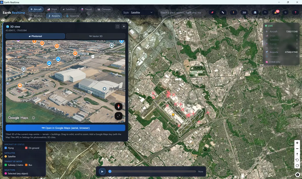 Tilted photoreal 3D view of buildings and terrain near an airport