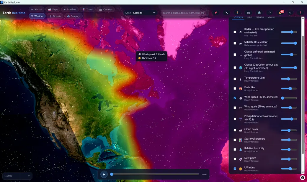 Weather overlay panel with animated wind speed and temperature layers over North America